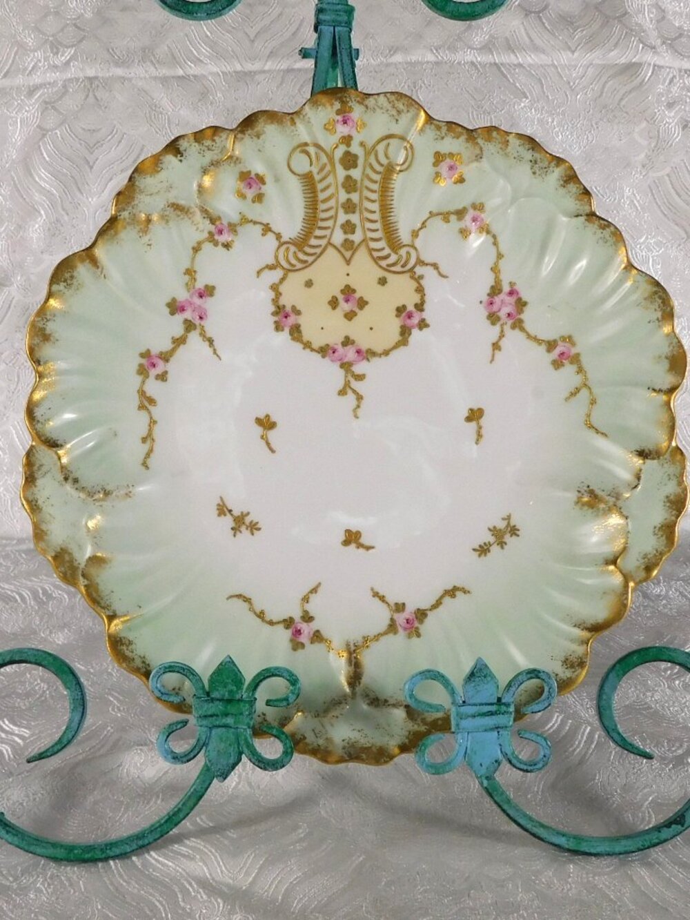 Antique Klingenberg and Dwenger Green Plate withRaised Gold Trim # 26092